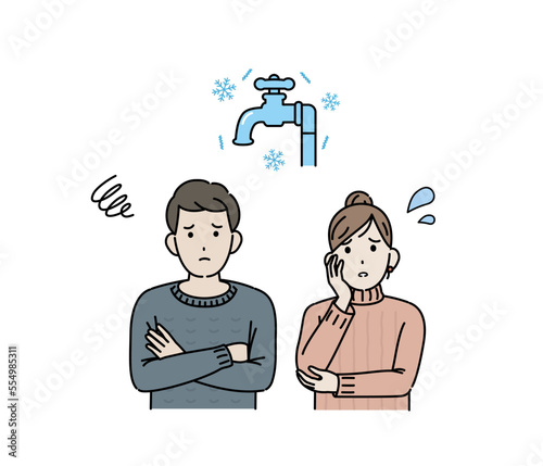 水道の凍結に困る家庭、夫婦のイラスト