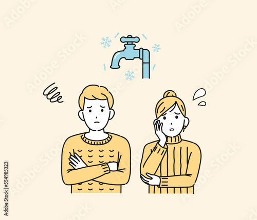 水道の凍結に困る家庭、夫婦のイラスト