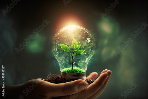 Fotografia human hand holding a light bulb with a plant sprout inside