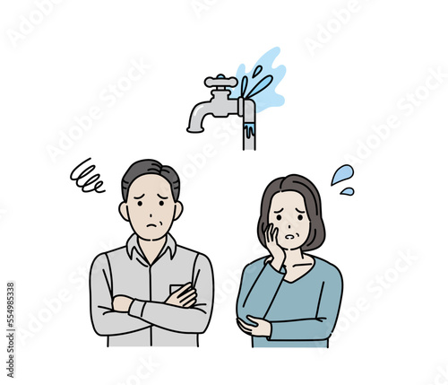 水道の水漏れに困る家庭、中年の夫婦のイラスト