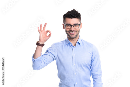 smiling ceo man show ok isolated on white background. ceo man in studio. ok gesture of man ceo.