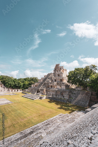 The ruins of a beautiful pyramid in the archaeological zone of Edzna in Mexico.