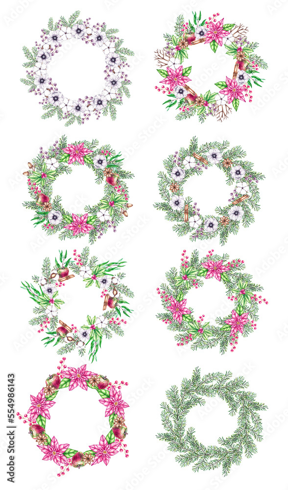 Watercolor set of Christmas wreaths on a white background