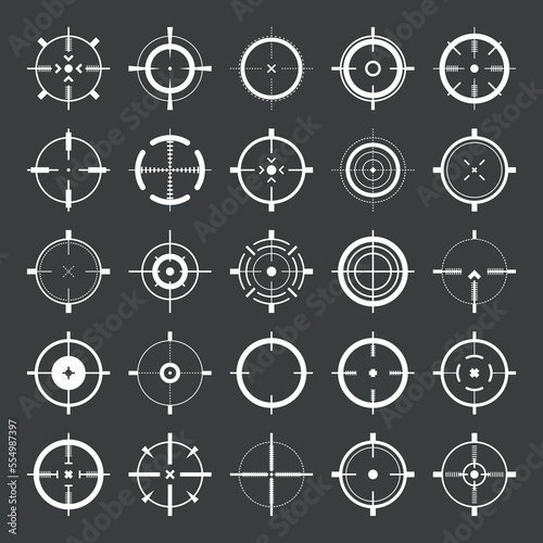 Crosshair, gun sight vector icons. Bullseye, target or aim symbol. Military rifle scope, shooting mark sign. Targeting, aiming for a shot. Archery, hunting and sports shooting. Game UI element.