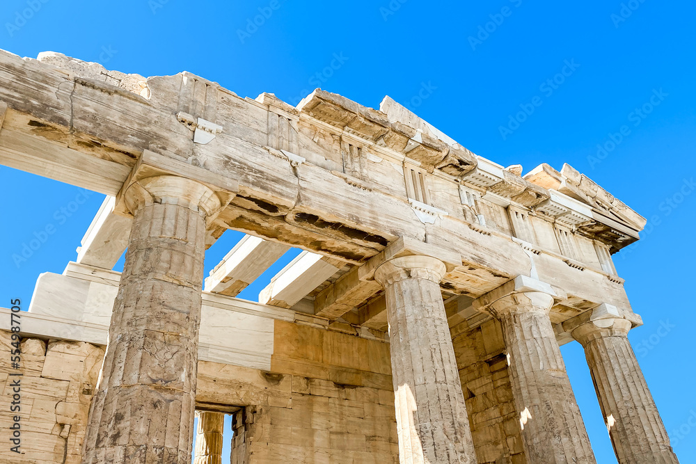 Detailed view of the сolonnade of The Acropolis of Athens, Greece