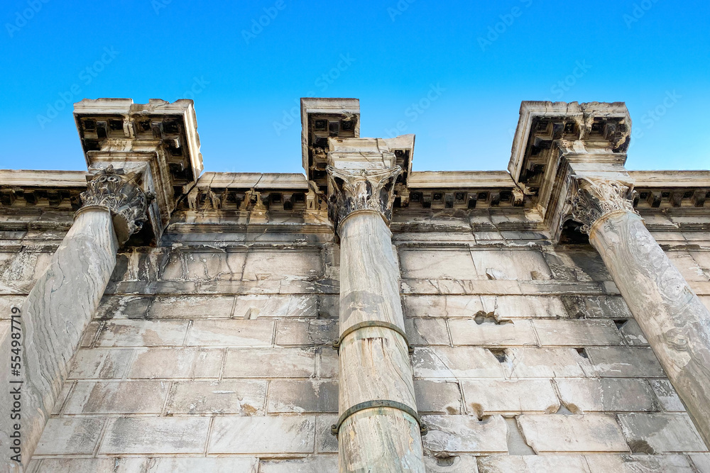 Detailed view of the architecture  of the west facade of the Library of Hadrian, Athens