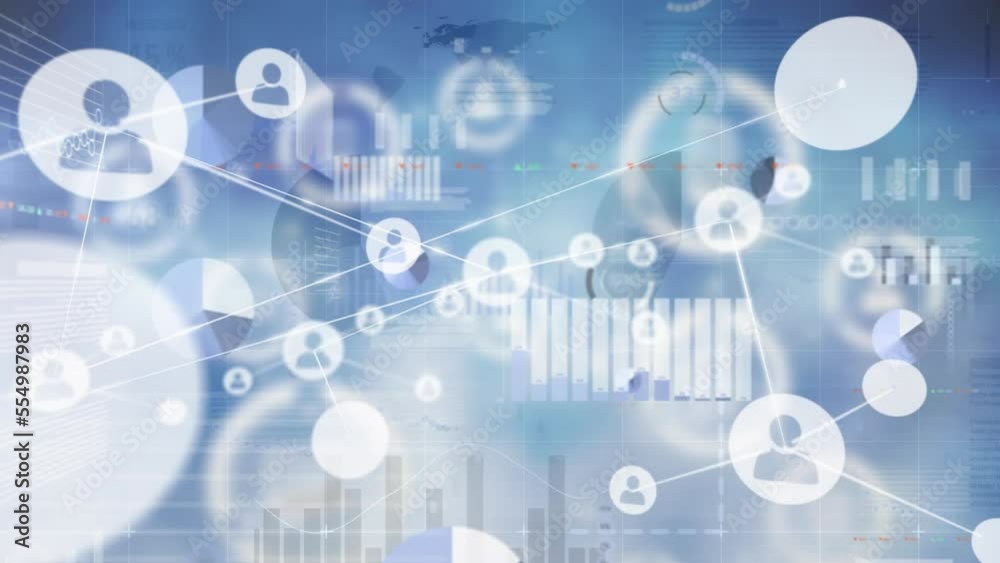 Animation of network of digital icons over statistical data processing against blue background Animation of network of digital icons over statistical data processing against blue background