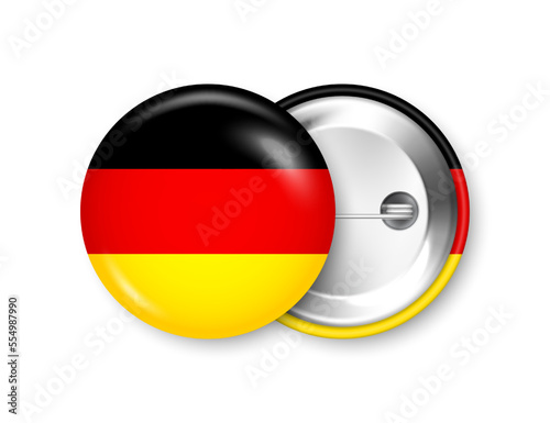 Realistic button badge with printed German flag. Souvenir from Germany. Glossy pin badge with shiny metal clasp. Product mockup for advertising and promotion. Vector illustration