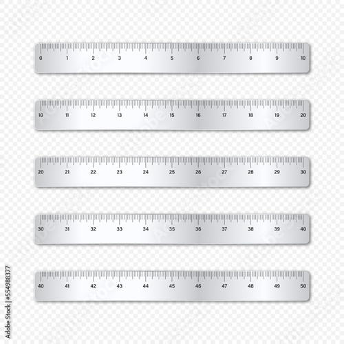 Realistic various shiny metal rulers with measurement scale and divisions, measure marks. School ruler, inch scale for length measuring. Office supplies. Vector illustration