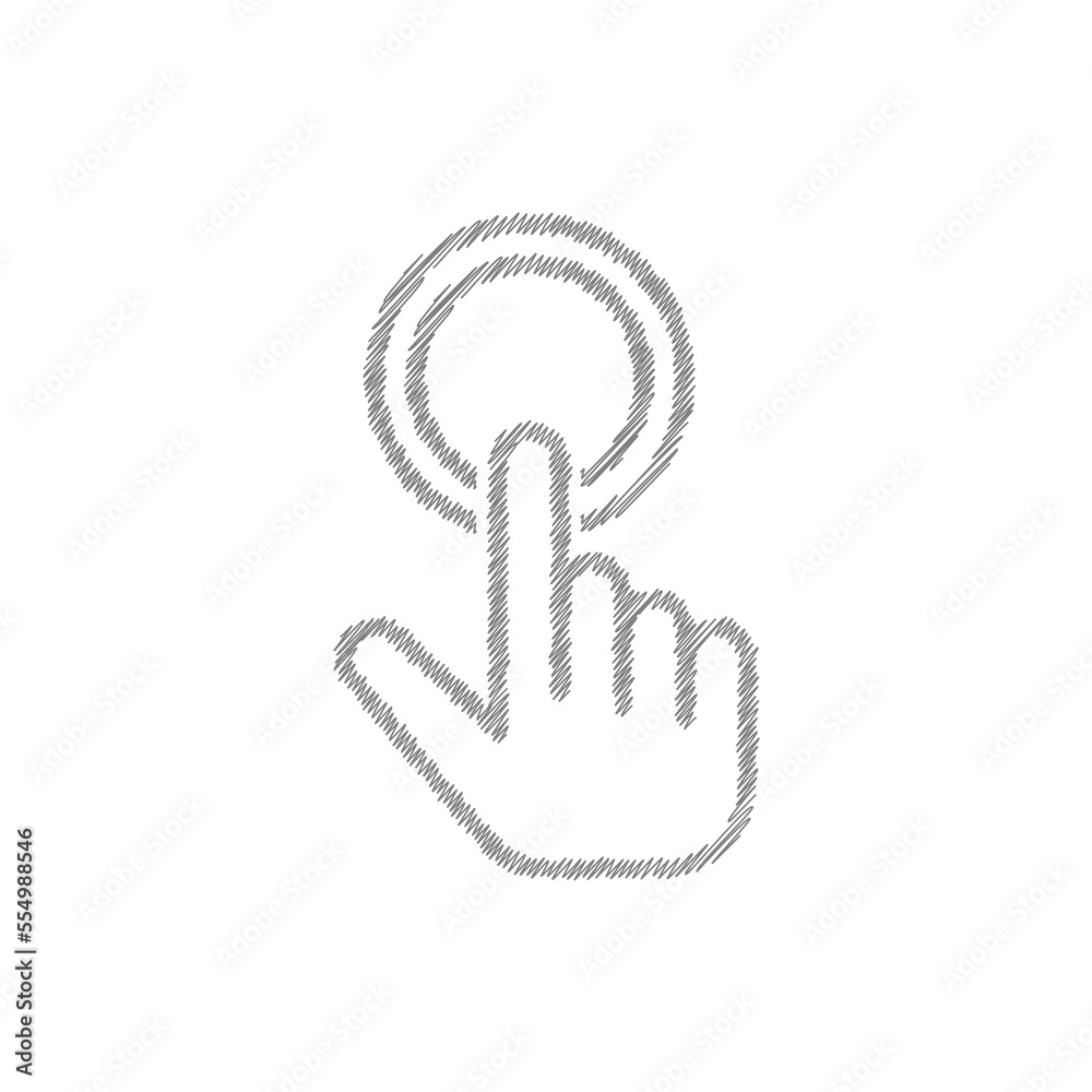 Finger pressing Round button white sketch vector icon