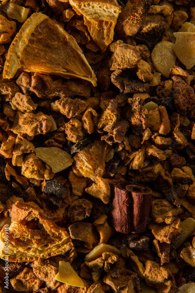 Texture of herbal tea with gingerbread, spices and dehydrated orange Texture of herbal tea with gingerbread, spices and dehydrated orange