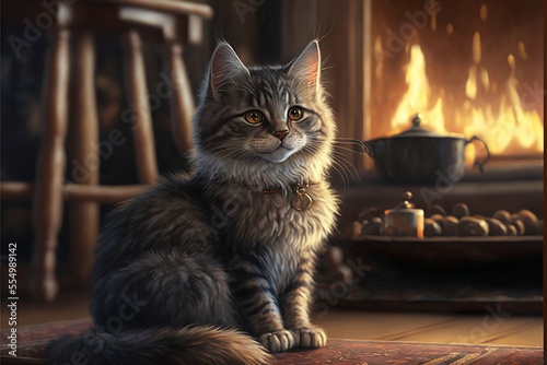 cat in warm room fireplace in background