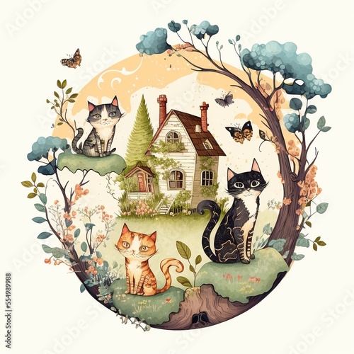 Cottagecore Cats illustration made with Generative AI