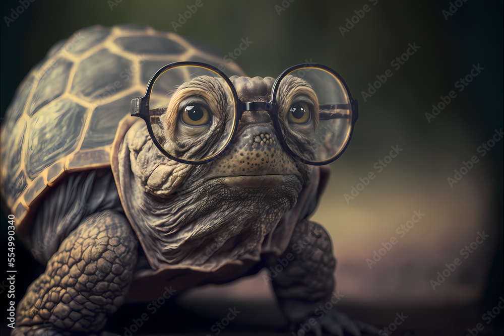 Sharp Turtle Spectacles Old cute small turtle wearing glasses, bad eyesight, dark background ...