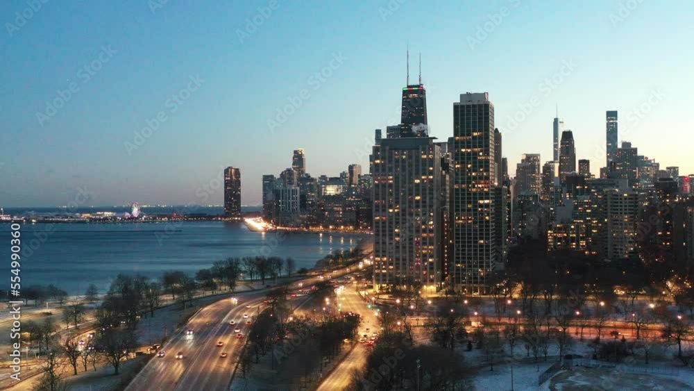 Chicago, Illinois, USA. downtown city skyline as the sun is setting
