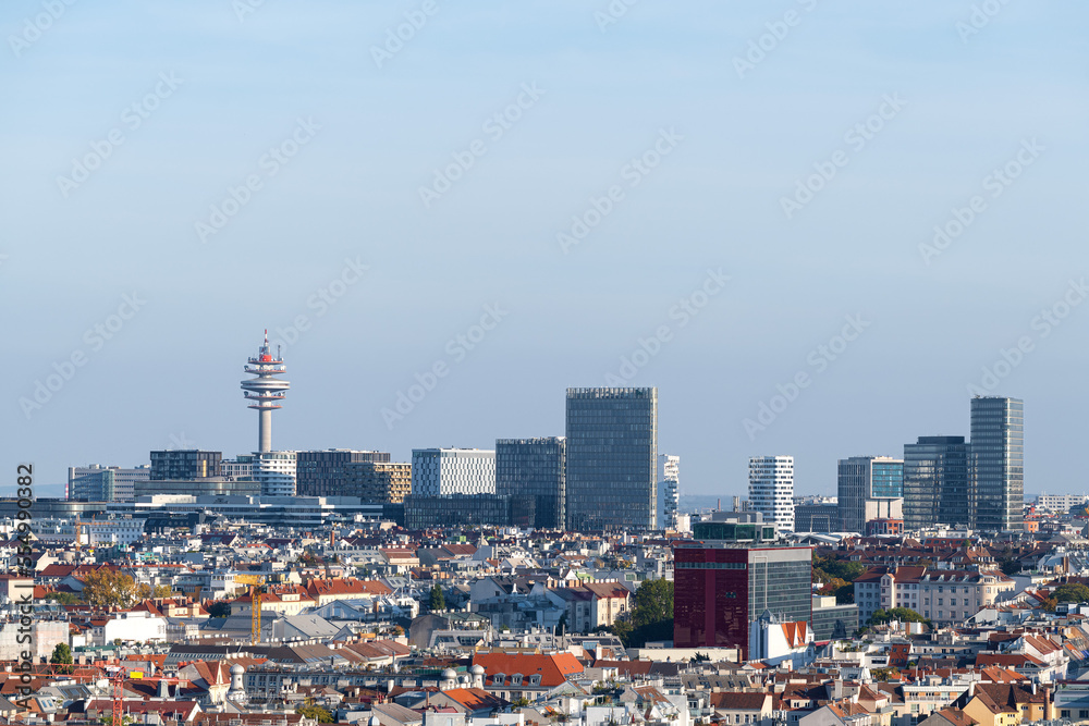 Skyline of Vienna (Austria) including the Tower Funkturm Wien-Arsenal and the Icon Vienna, Neighbourhood Belvedere