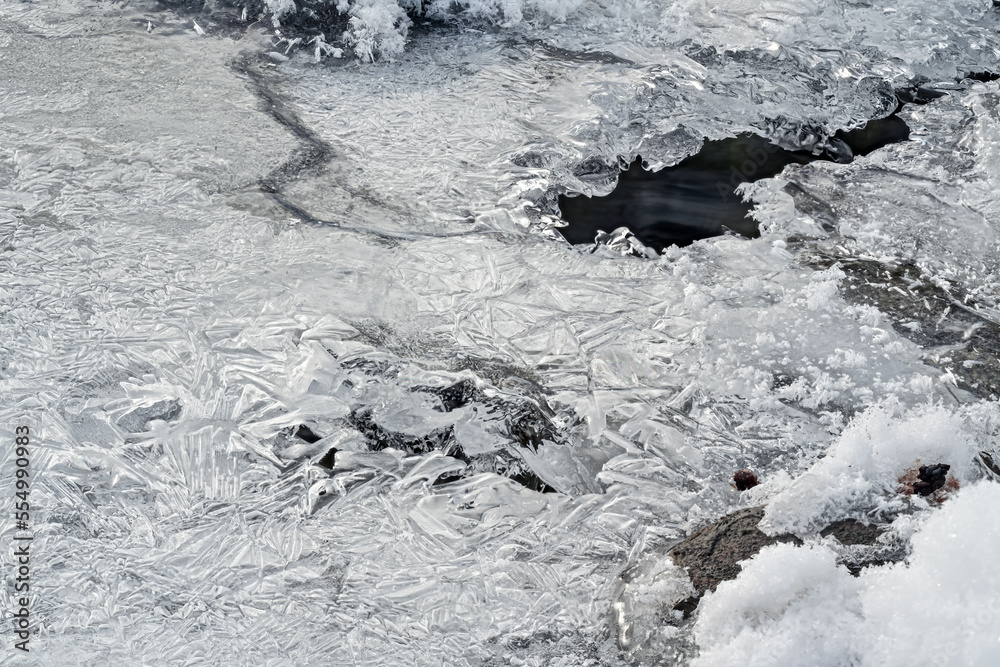 Frozen river in winter covered with thin crystalline ice, low angle photo, hole with water flowing under