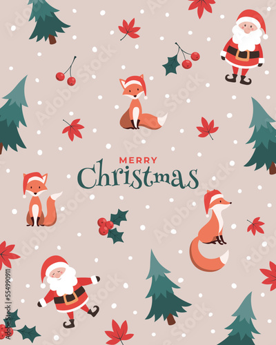 Merry Christmas greetings, cute fox and Santa background