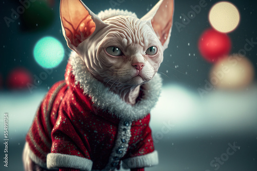 The little cat dressed in Santa Claus clothes