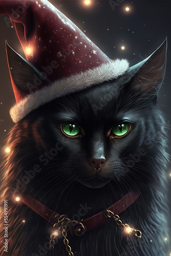 Black cat in Christmas in a Hat