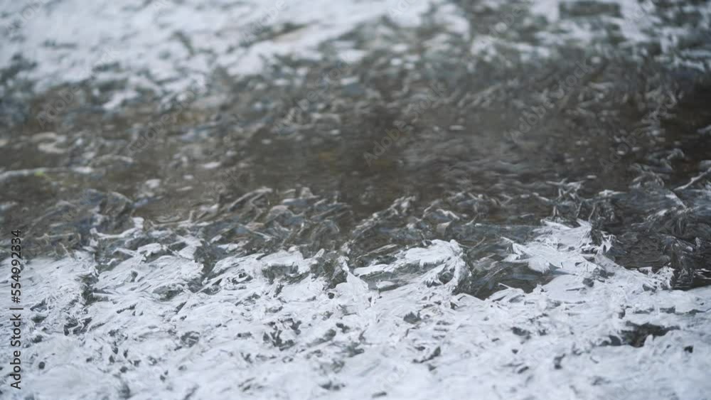 Ice on frozen river forming crystal like structures, closeup macro detail from above water flows below - abstract winter background Ice on frozen river forming crystal like structures, closeup macro detail from above water flows below - abstract winter background
