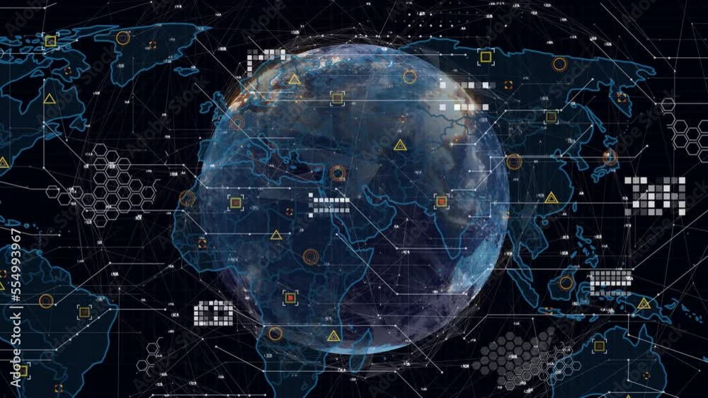 Animation of data processing and world map over spinning globe against black background Animation of data processing and world map over spinning globe against black background