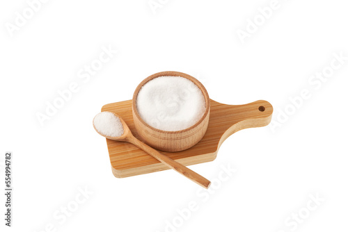 Sugar substitute in bowl on wooden board isolated on white background. Stevioside powder or Stevia sweetener.  Food additive E960. Natural Extract found in the leaves of Stevia rebaudiana photo