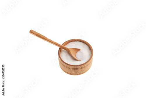 Foto Stevia sweetener in wooden bowl on white background