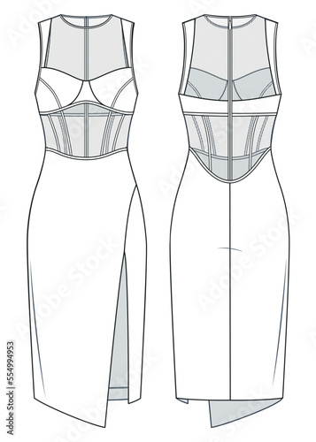  Women's midi Dress technical fashion Illustration. Mesh Dress technical drawing template, slim fit, back zip-up, corset, slit, front and back view, white color, CAD mockup.