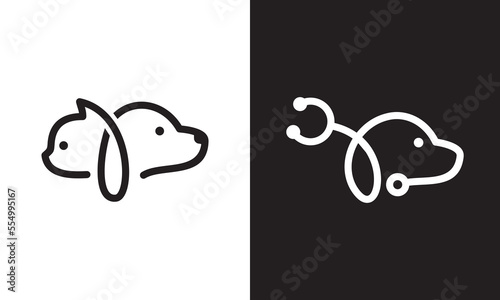 stethoscope pets logo. dog cat design vector. linear style. health animals concept symbol icon illustration.