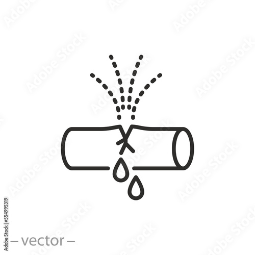 pipe burst icon, crack water leak, plumbing damage result, thin line symbol on white background - editable stroke vector illustration