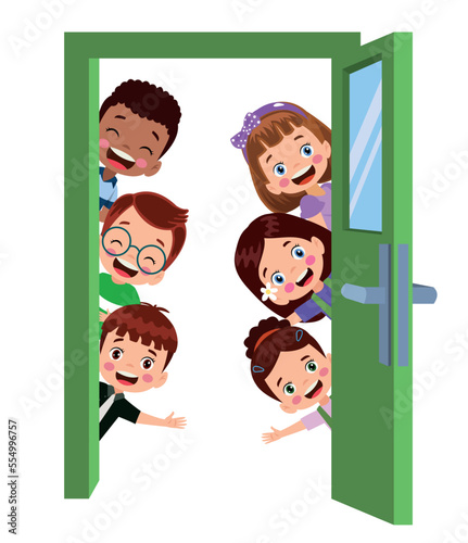 cute kids looking through the door