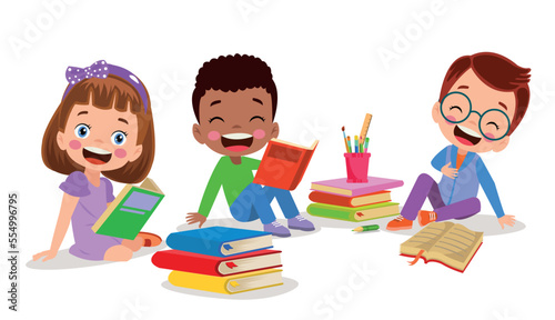 cute little kids having fun reading books
