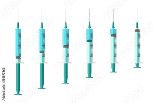Medicine syringe injector application device set. Medical drug injection syringes empty and filled with liquid. Subcutaneous and intramuscular injections collection. Care and treatment vaccine. Vector