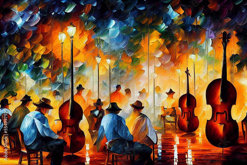 Sertanejo music perfomance illustration, musicians at the night street impressionism style painting, brasilian band with instruments festival, Generative AI
