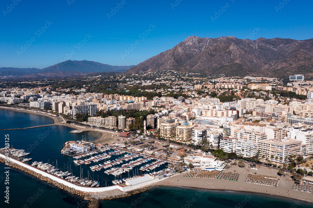 Beautiful aerial perspective of luxury and exclusive area of Marbella, golden mile beach. Spain