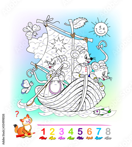Math education for little children. Coloring book. Mathematical exercises on addition and subtraction. Solve examples and paint the mice and sailboat. Developing counting skills. Worksheet for kids.