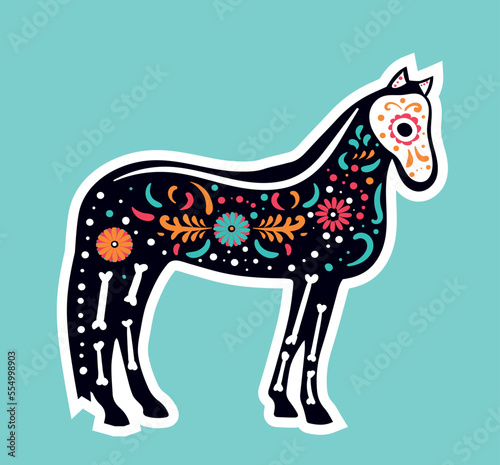 Fototapeta Naklejka Na Ścianę i Meble -  Horse dia de muertos icon. Sticker for social networks and reaction for messengers. Symbol of traditional Hispanic holiday and event. Festival and entertainment. Cartoon flat vector illustration