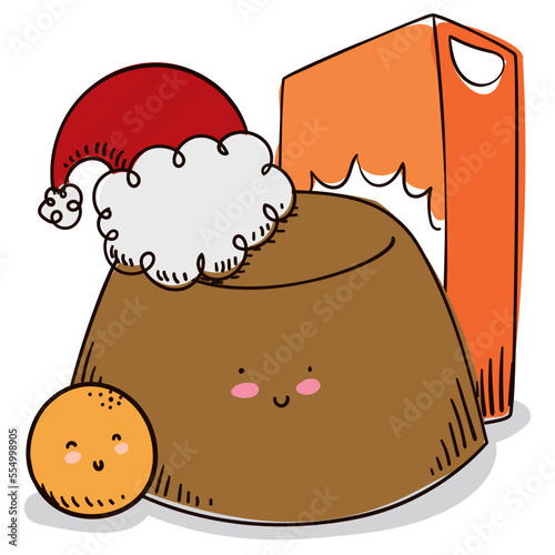 Cute custard with Santa's hat, box and fritter celebrating Christmas, Vector illustration