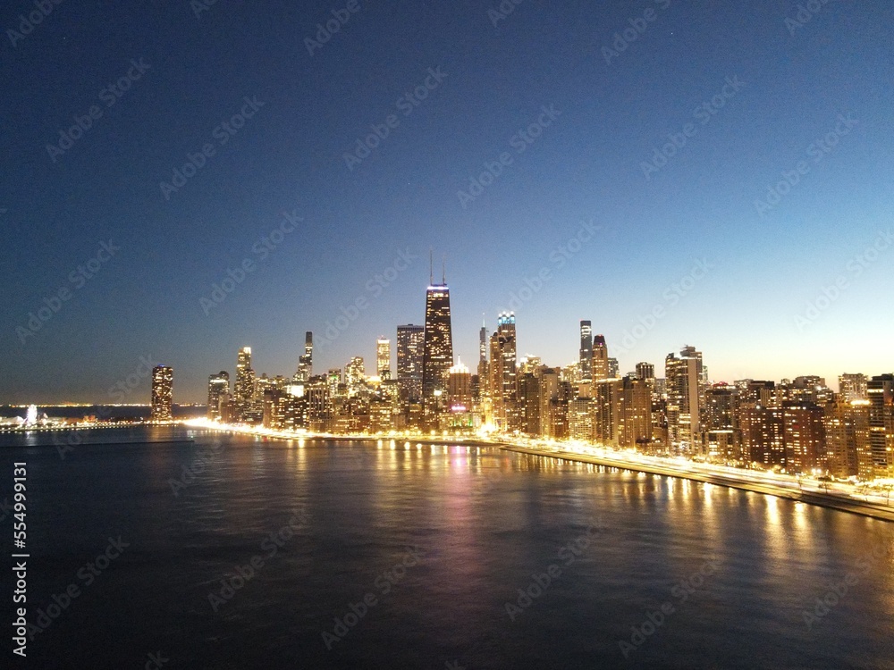 Aerial view of the city of Chicago, Illinois, USA at dusk.