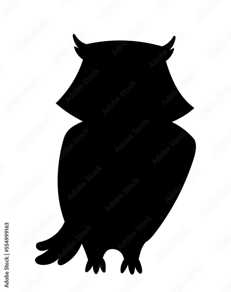 Owl black silhouette icon. Bird with wings, forest dweller. Graphic element for printing on fabric. Fashion, trend and style. Aesthetics and elegance concept. Cartoon flat vector illustration Owl black silhouette icon. Bird with wings, forest dweller. Graphic element for printing on fabric. Fashion, trend and style. Aesthetics and elegance concept. Cartoon flat vector illustration