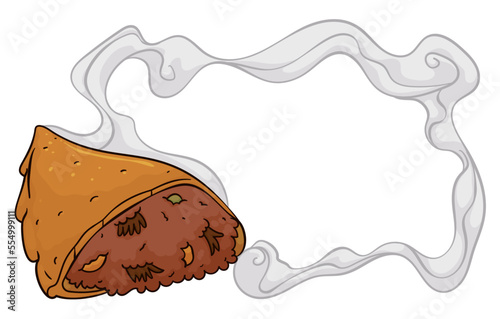 Sliced empanada with steam making a delicious frame, Vector illustration