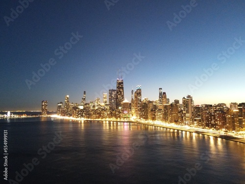 Aerial view of the city of Chicago  Illinois  USA at dusk.