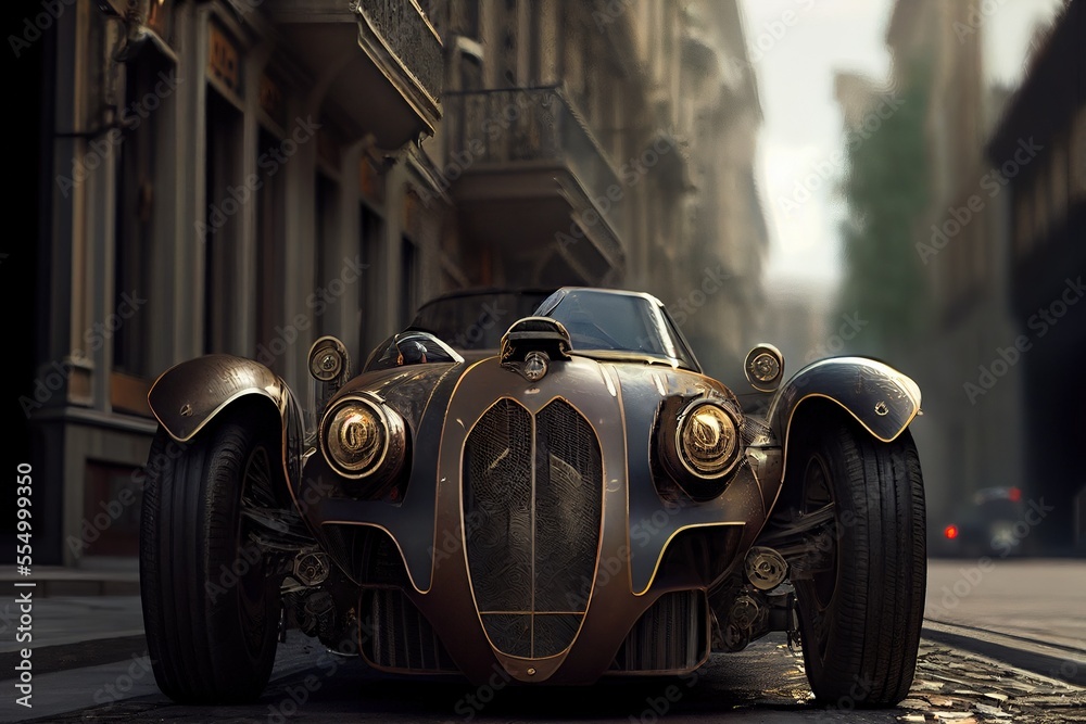 steampunk car in city steampunk car in city