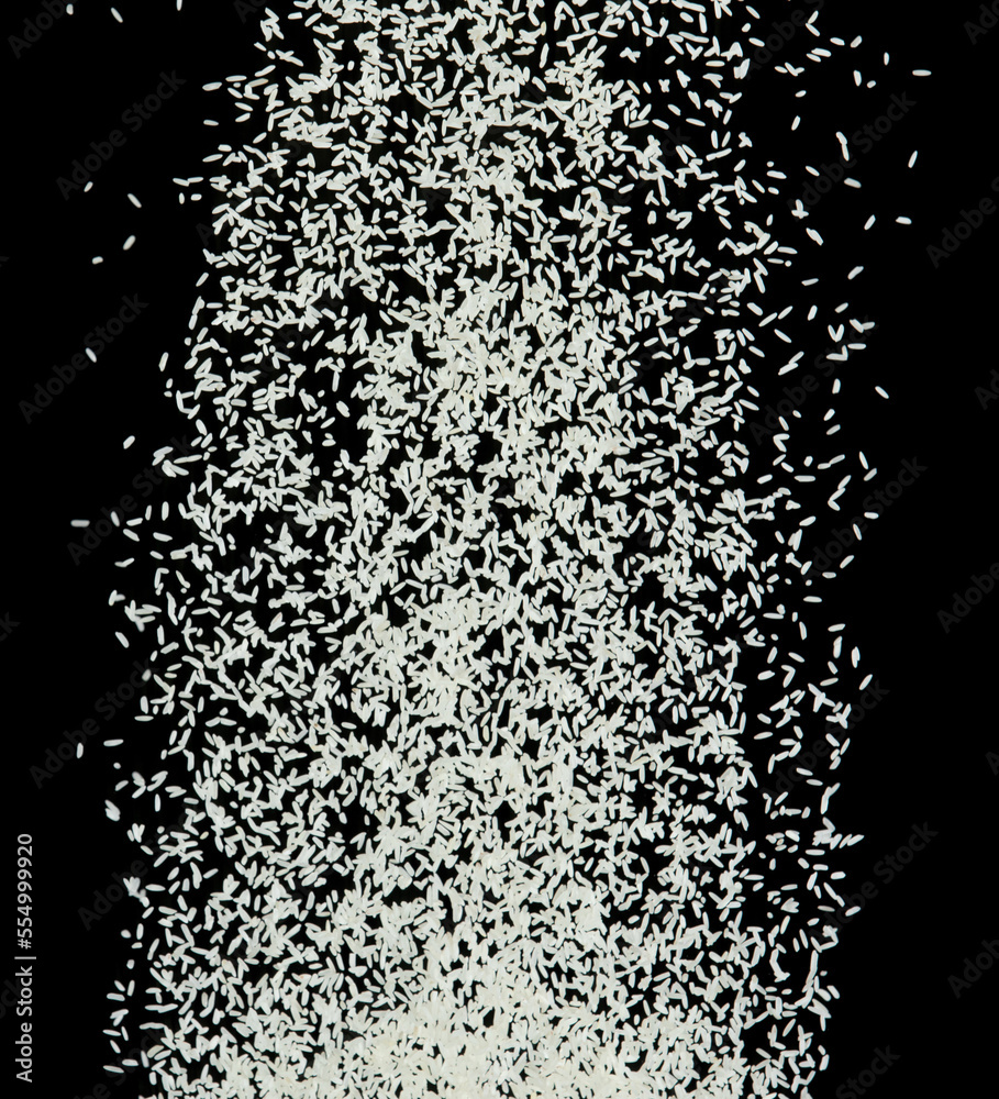 Obraz premium Japanese Rice flying explosion, white grain rices explode abstract cloud fly. Beautiful complete seed rice splash in air, food object design. Selective focus freeze shot Black background isolated