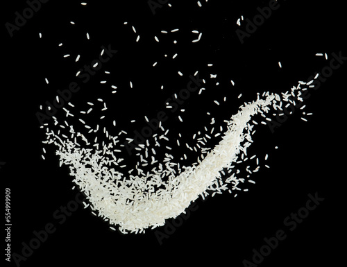 Japanese Rice flying explosion, white grain rices explode abstract cloud fly. Beautiful complete seed rice splash in air, food object design. Selective focus freeze shot Black background isolated