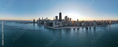 Wide aerial panoramic view of the city skyline of Chicago, Illinois. USA