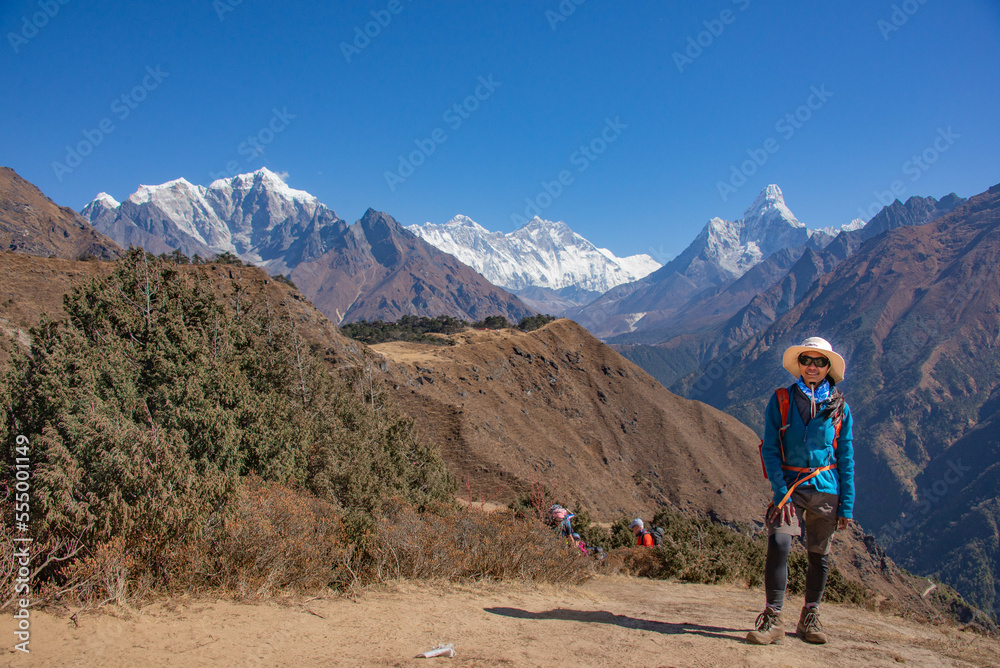 Trekking to Everest Base Camp under Cholatse and Taboche peaks, Khumbu, Nepal Trekking to Everest Base Camp under Cholatse and Taboche peaks, Khumbu, Nepal