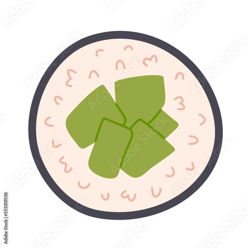 Kappa Maki. Sushi roll with rice and cucumber wrapped in nori strip. Traditional Japanese food. Hand-drawn colored flat vector illustration isolated on white background.