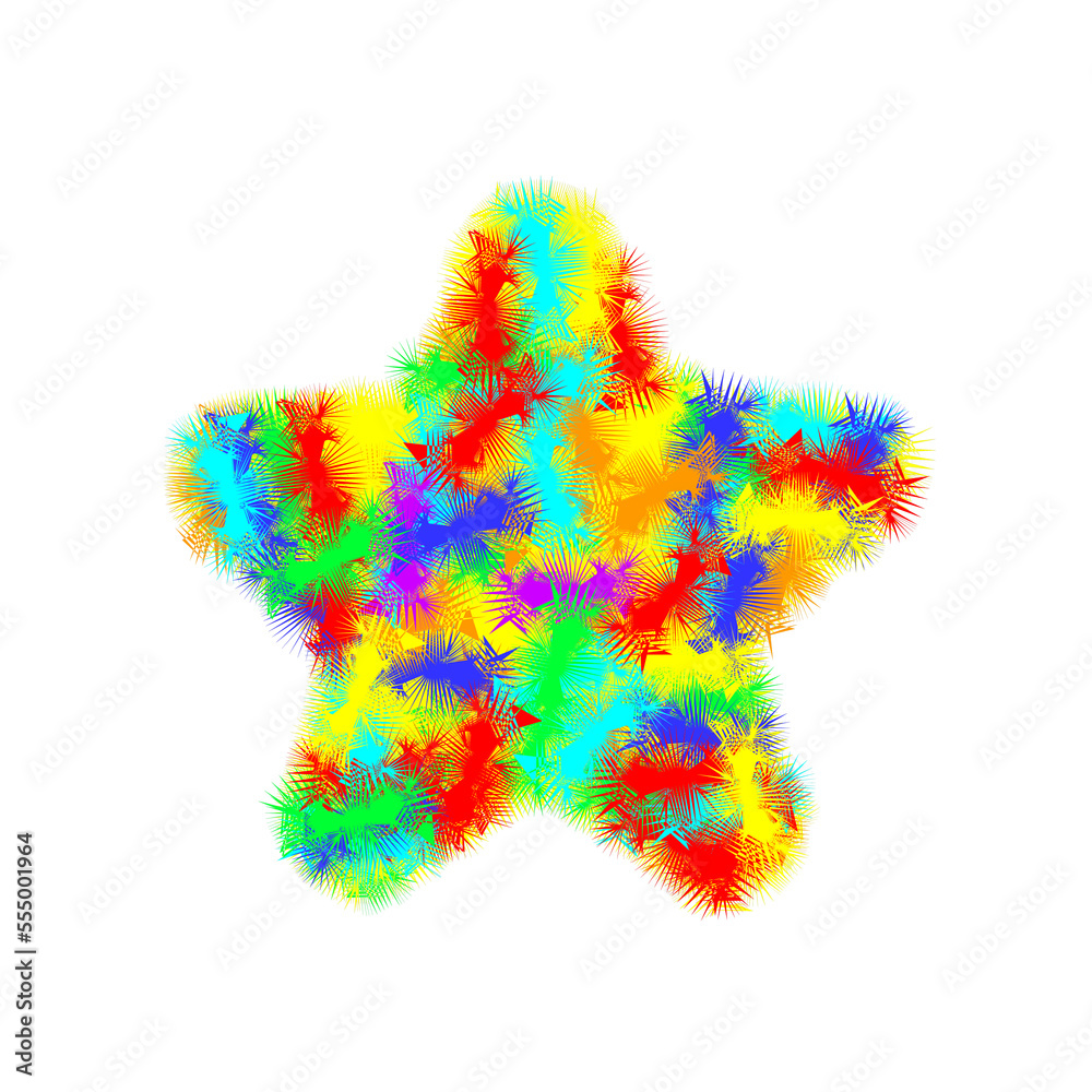 Fluffy star, motley multicolor icon. Cute hairy furry design isolated. Cartoon style object for ui, app, interface, game development. Png.